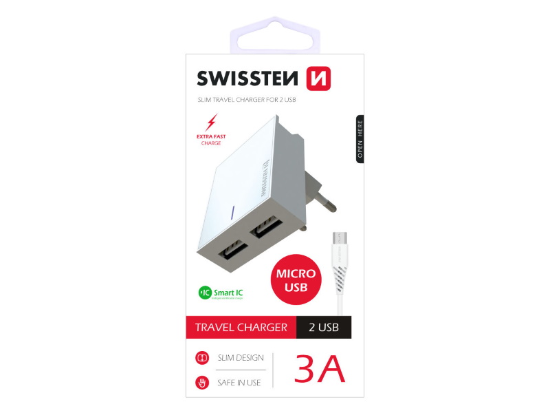 SWISSTEN punja za AC220, 2xUSB, 3A, SMART IC, dra, bijeli + microUSB kabel