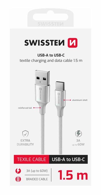 SWISSTEN kabel USB/USB-C, TEXTILE II, 3A, 60W, 480 Mb/s, 1,5m bijelo-srebrni
