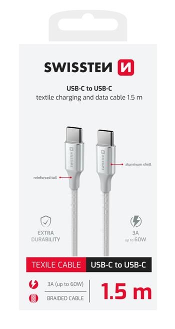 SWISSTEN kabel USB-C/USB-C TEXTILE II, 3A, 60W, 480 Mb/s, 1,5m bijelo-srebrni