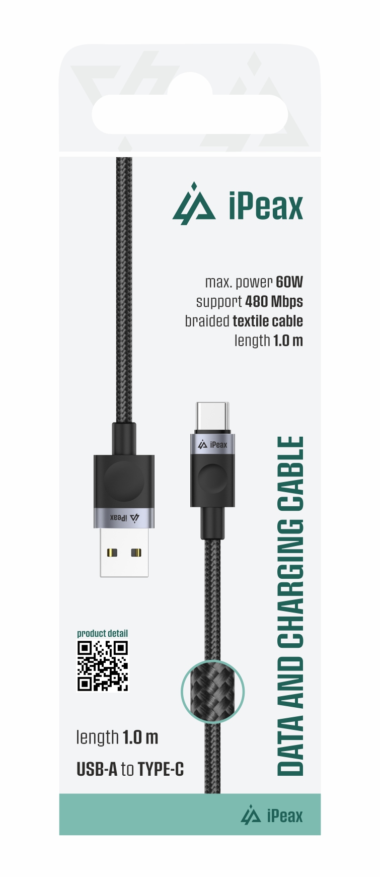 iPEAX KABEL TEXTILE USB-A/USB-C 1M, 60W, 3A, USB 2.0 crni