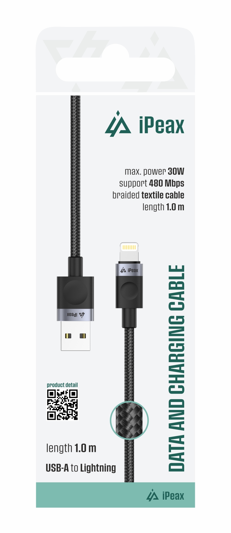 iPEAX KABEL TEXTILE USB-A/LIGHTNING 1M, 30W, USB 2.0 crni