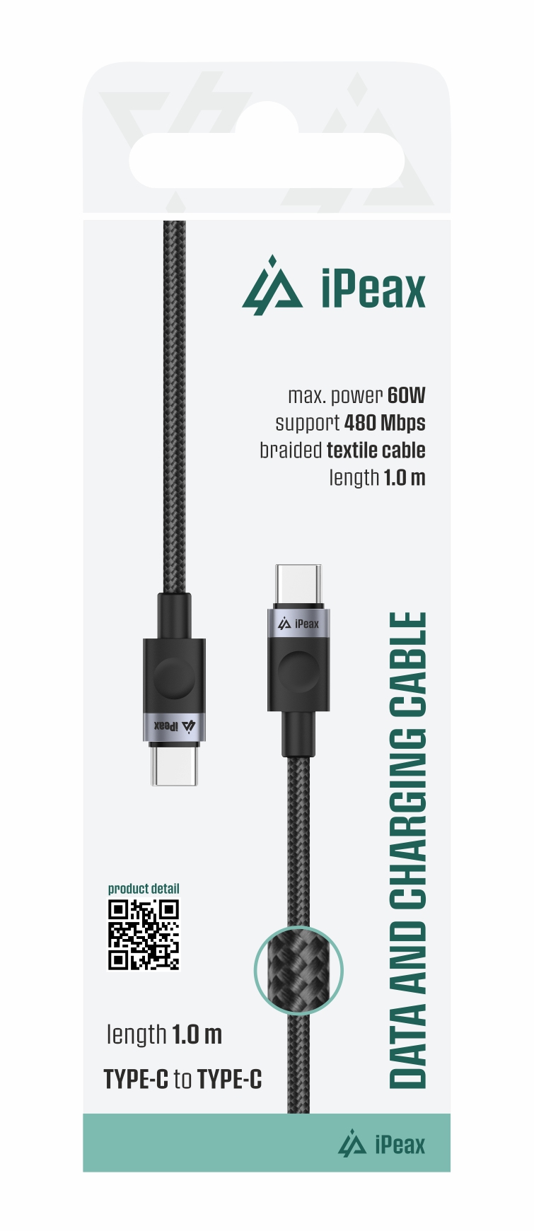 iPEAX KABEL TEXTILE USB-C/USB-C 1M, 60W, 3A, USB 2.0 crni