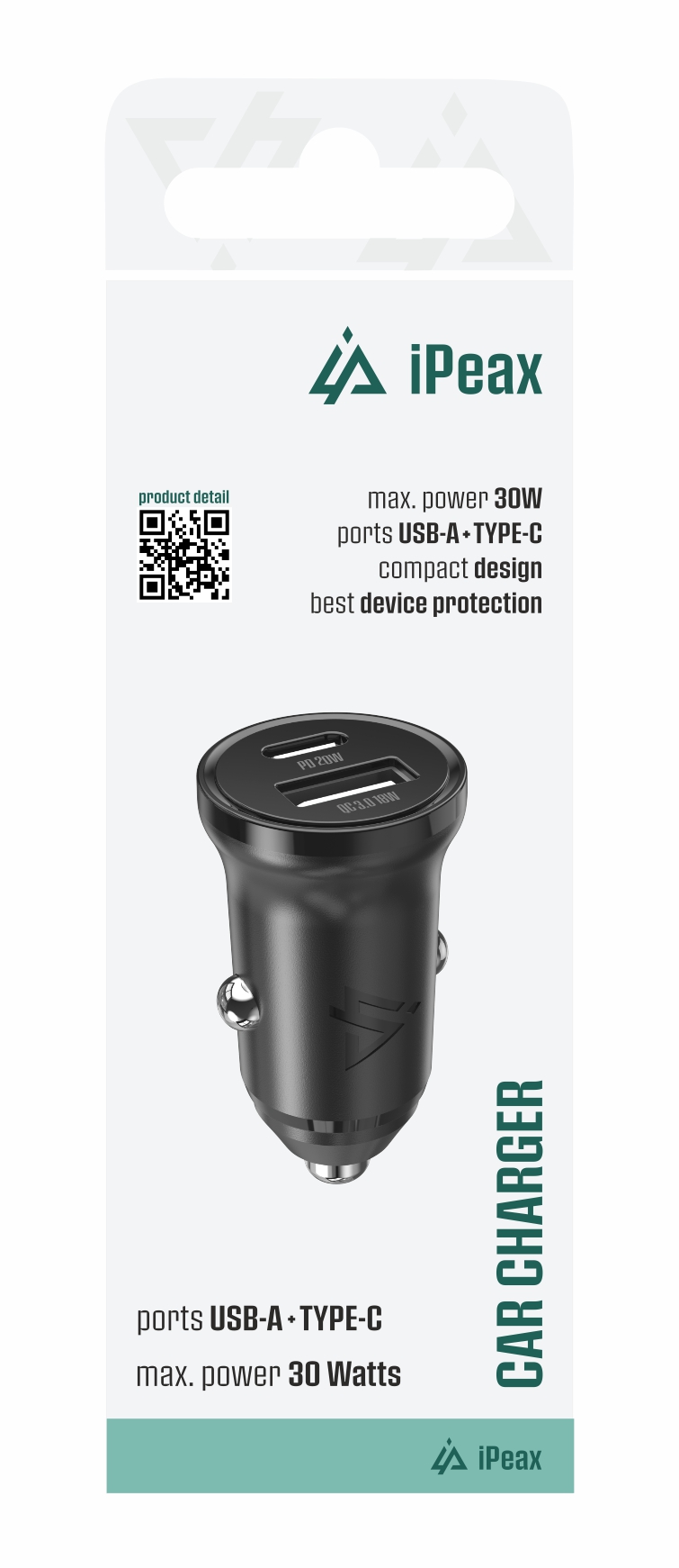 iPEAX auto punja CL-04, PD, 30W, USB-C + USB-A CRNI