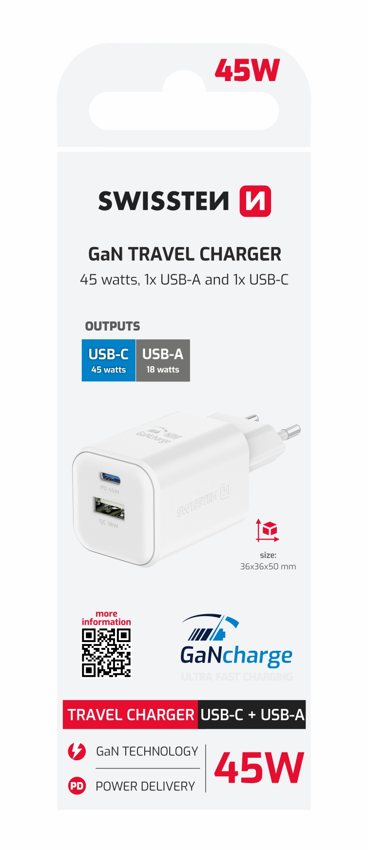 SWISSTEN punja� za AC220, GaN 1x USB-C 45W PD + 1x USB-A 18W QC Bijeli