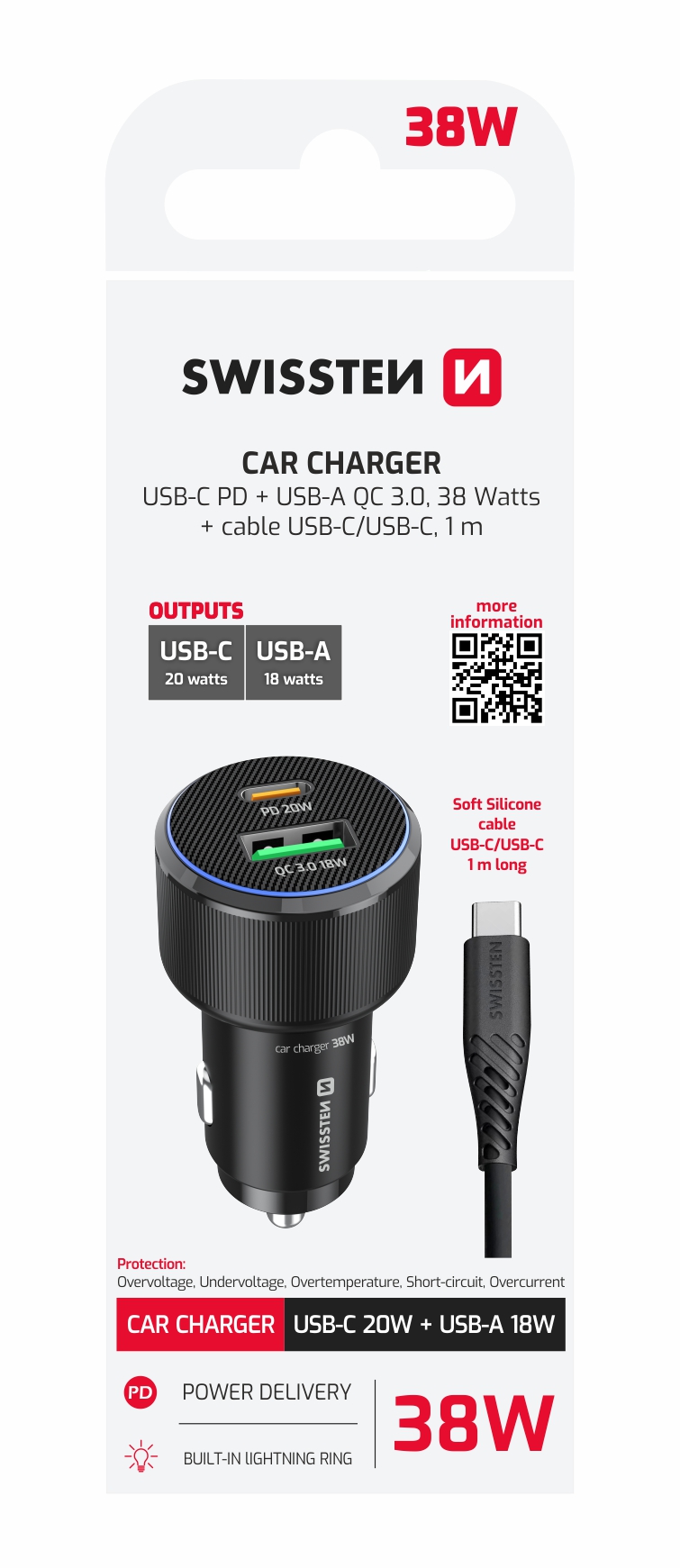 SWISSTEN punja� za auto USB-C PD + USB-A, 38W CRNI + kabel USB-C USB-C, 1m