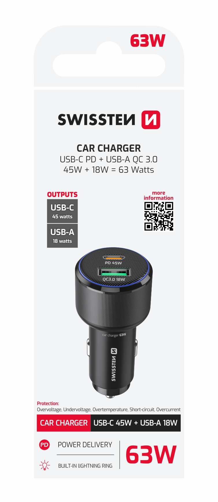 SWISSTEN punja� za auto, USB-C PD + USB-A, 63W, LED, CRNI