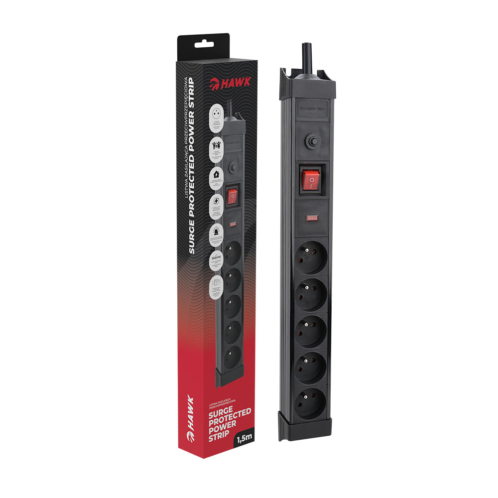 Manta HAWK prednaponska za�tita, 1,5 m, crni s 5 uti�nica s prekida�em HWPS502BK