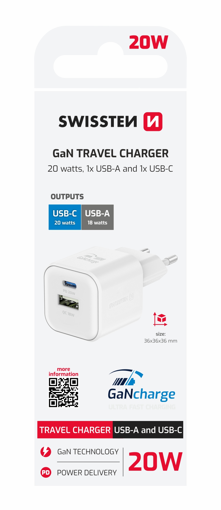 SWISSTEN punja� za AC220, GaN, 20W, 1xUSB-C, 1xUSB-A, 3A, bijeli