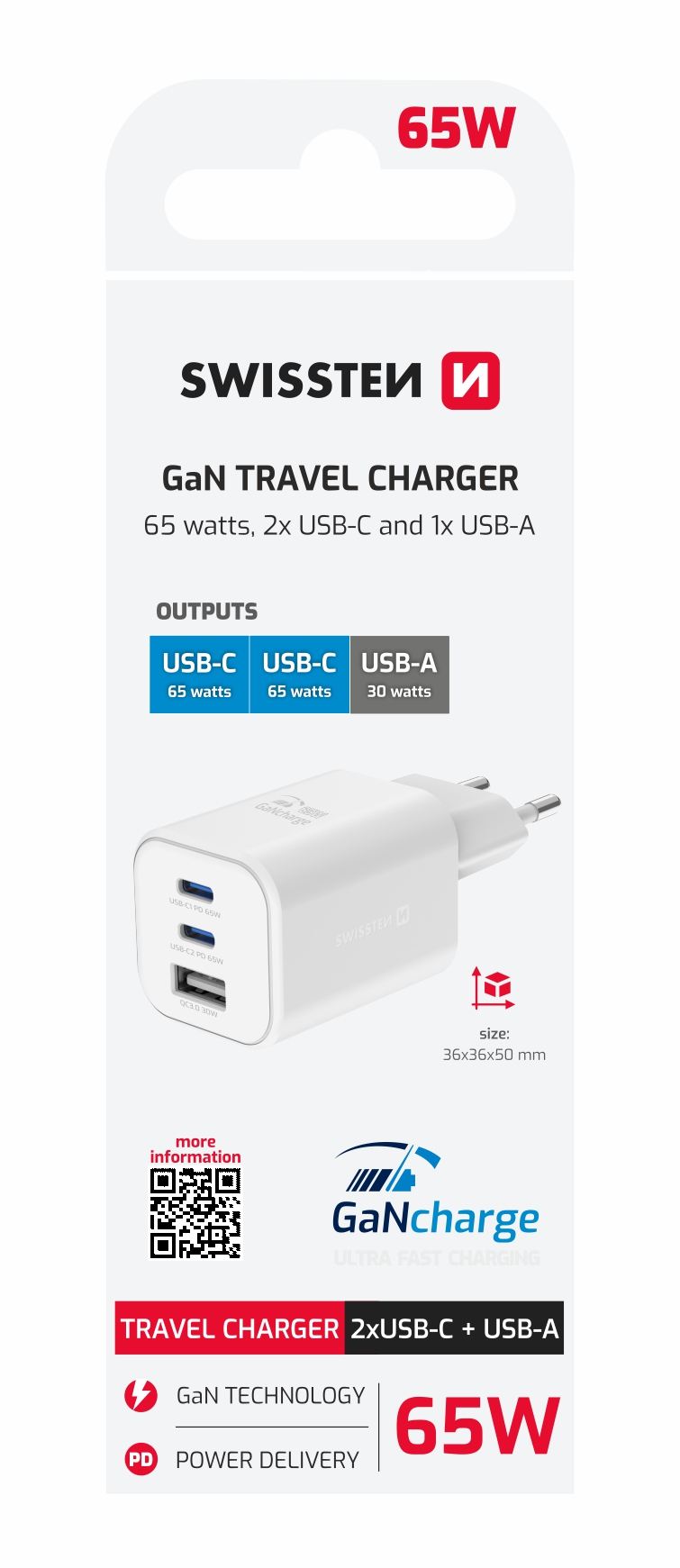 SWISSTEN punja� za AC220, GaN 2x USB-C 65W PD + 1x USB-A 18W QC bijeli