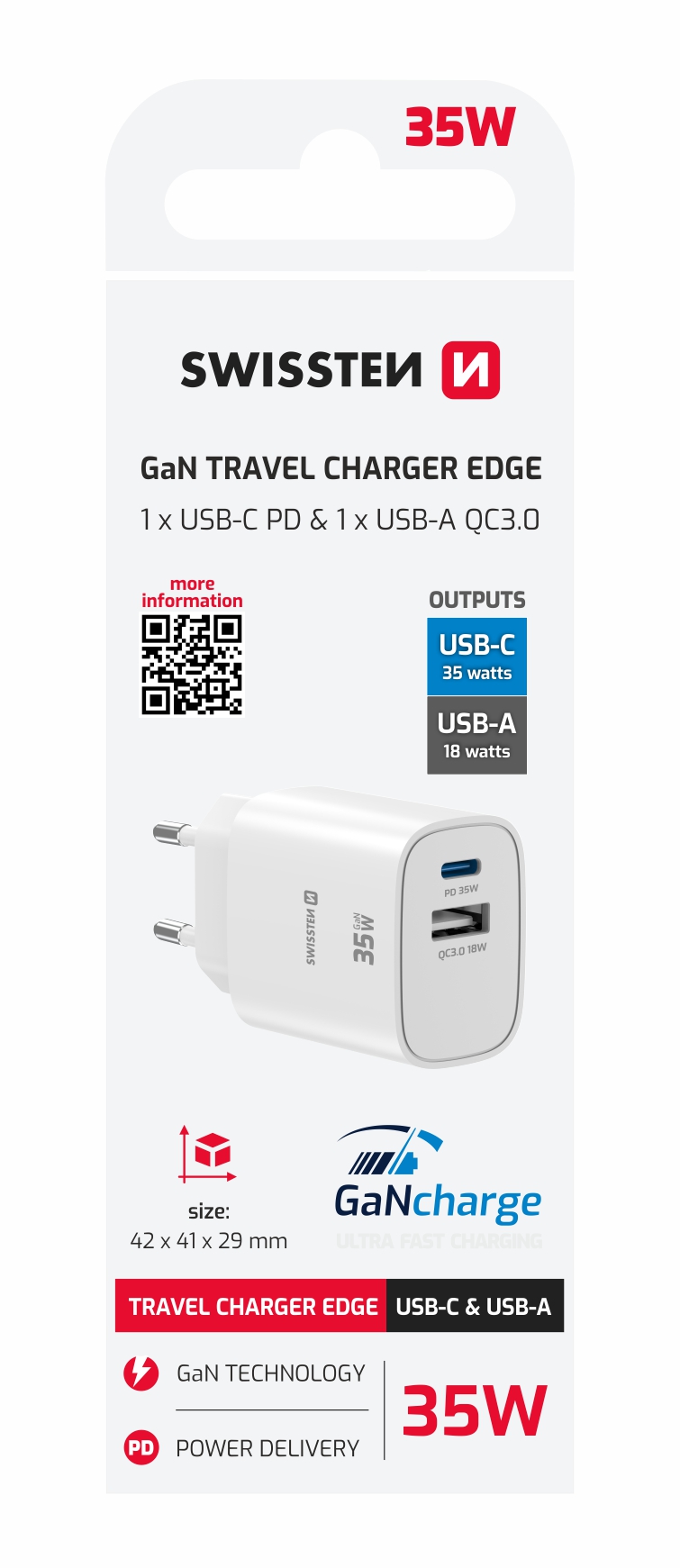 SWISSTEN punja� za AC220, EDGE, GaN 1xUSB-C PD 35W +1xUSB-A 18W QC Bijeli