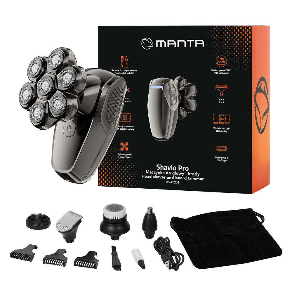 MANTA trimer za glavu, lice, tijelo, IPX7, punj. bat., LED, 8 nast SHAVIO PRO