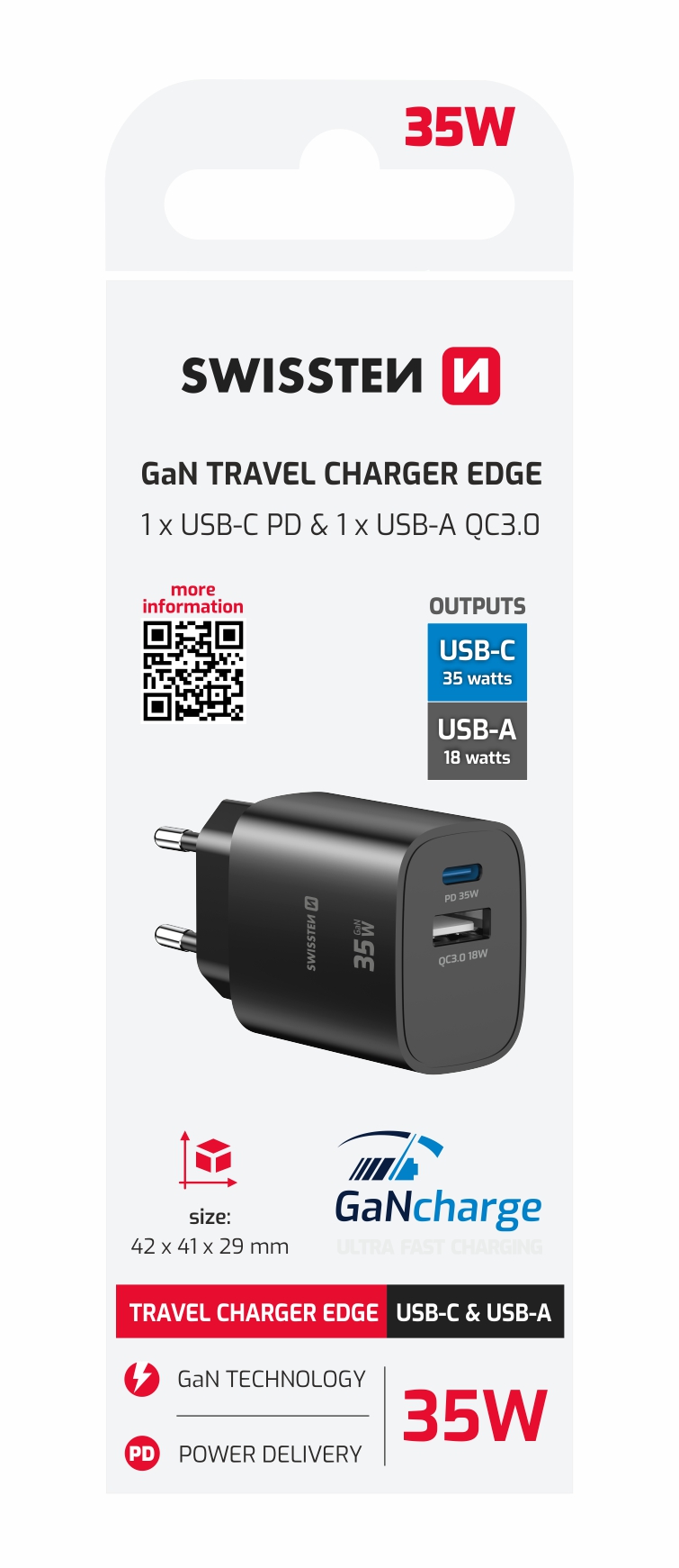 SWISSTEN punja� za AC220, EDGE, GaN 1xUSB-C PD 35W +1xUSB-A 18W QC Crni